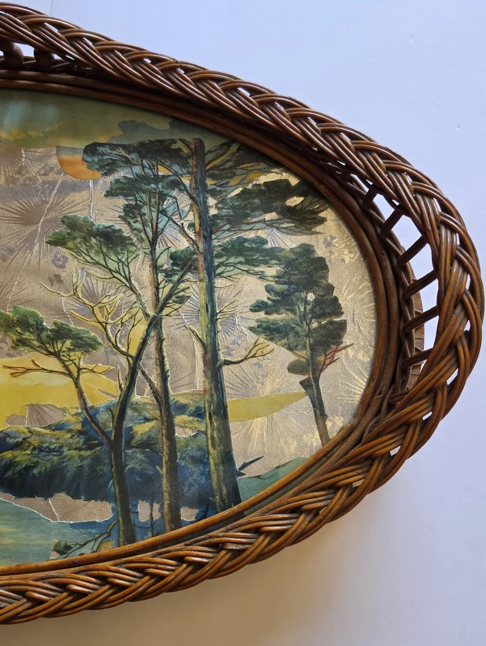 Asian Vintage Wicker Serving Tray Foil Paper Art Glass Top - 19